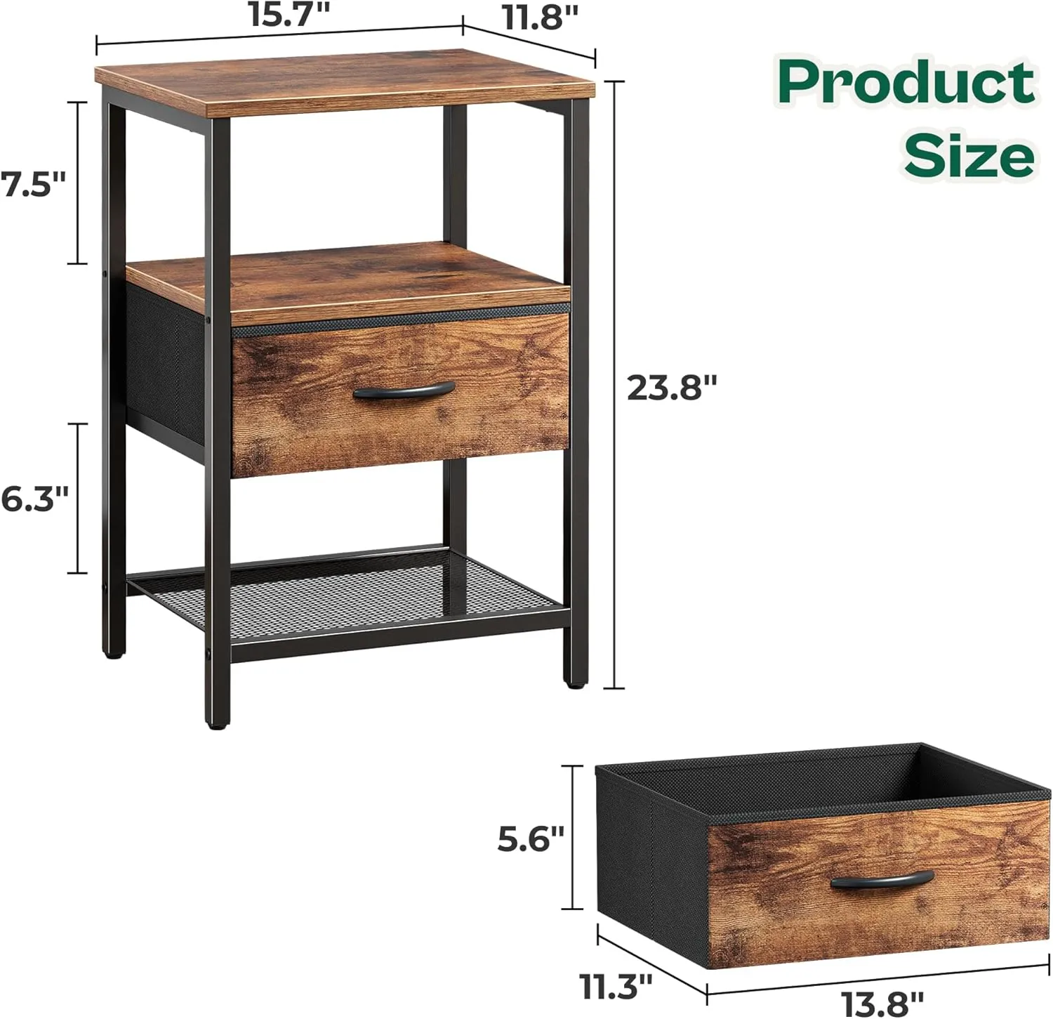 Huuger Night Stand with Fabric Drawer, Side Table with Mesh Shelf, Bedroom Nightstand, Fabric Drawer Dresser, Open Shelf, Metal Frame, Couch Side, Rustic Brown