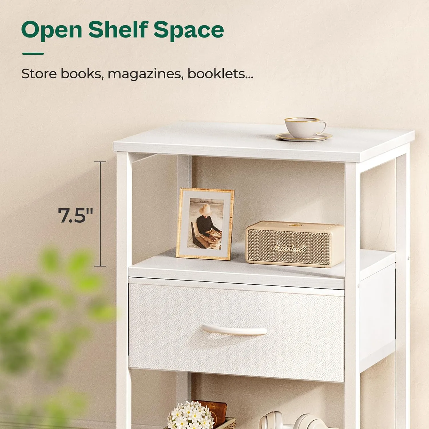 Huuger Night Stand with Fabric Drawer, Side Table with Mesh Shelf, Bedroom Nightstand, Fabric Drawer Dresser, Open Shelf, Metal Frame, Couch Side, White