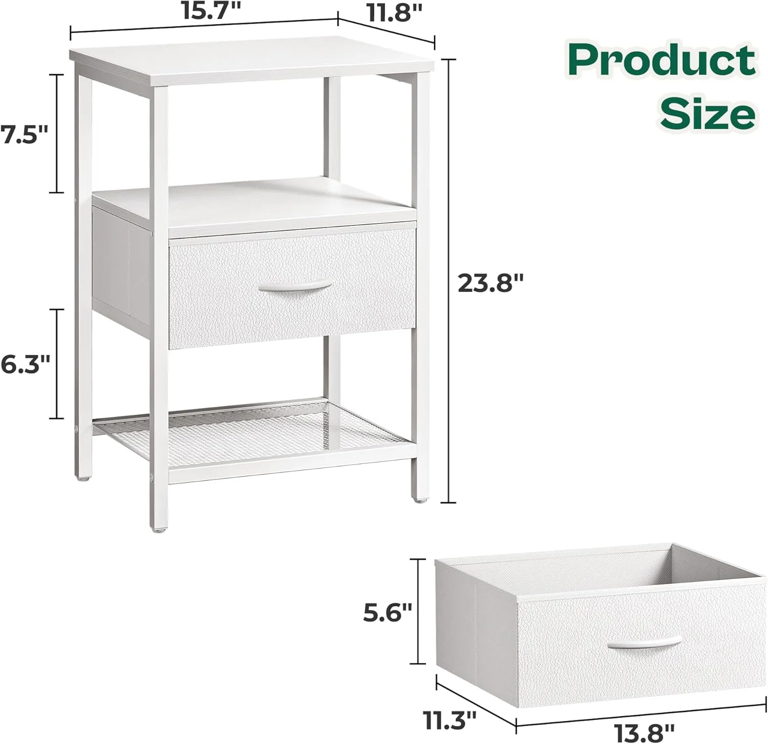 Huuger Night Stand with Fabric Drawer, Side Table with Mesh Shelf, Bedroom Nightstand, Fabric Drawer Dresser, Open Shelf, Metal Frame, Couch Side, White