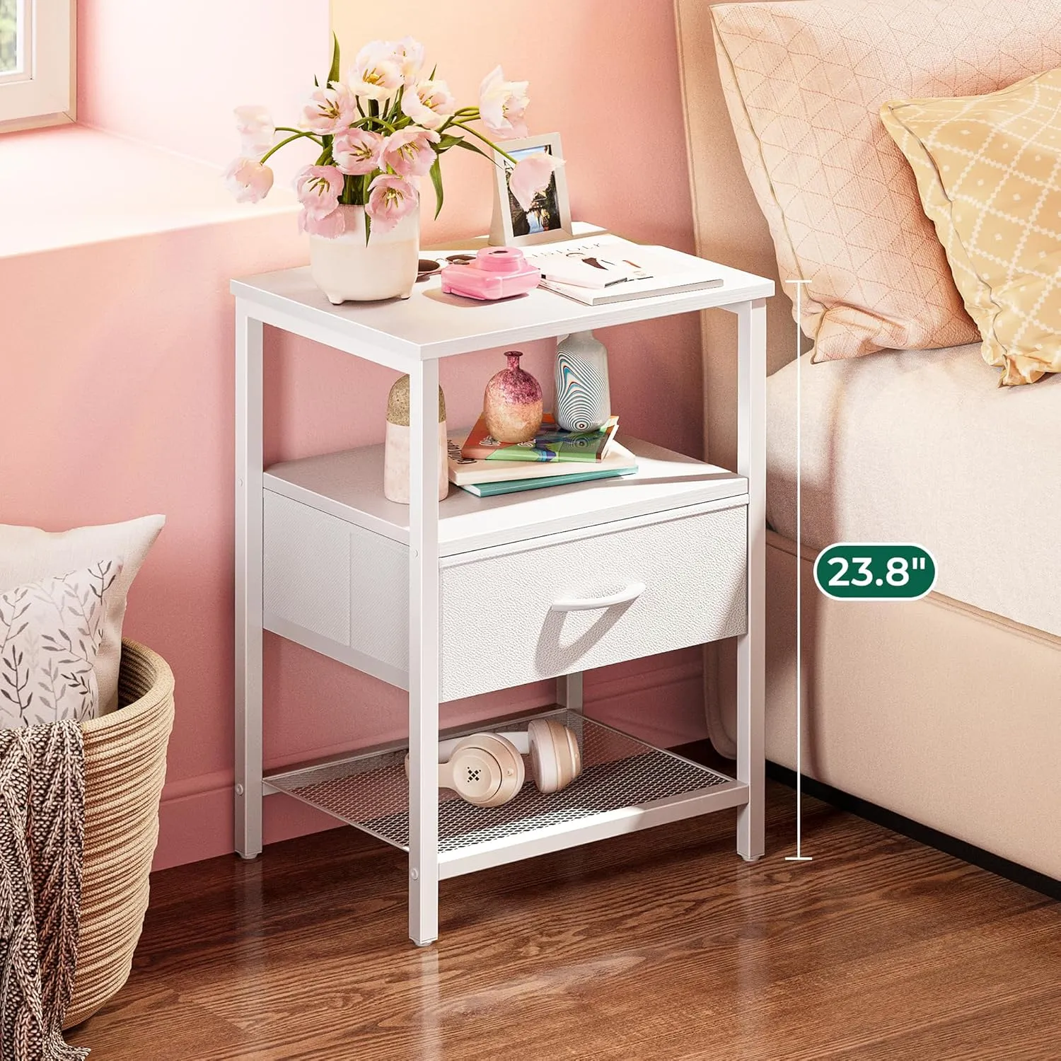 Huuger Night Stand with Fabric Drawer, Side Table with Mesh Shelf, Bedroom Nightstand, Fabric Drawer Dresser, Open Shelf, Metal Frame, Couch Side, White