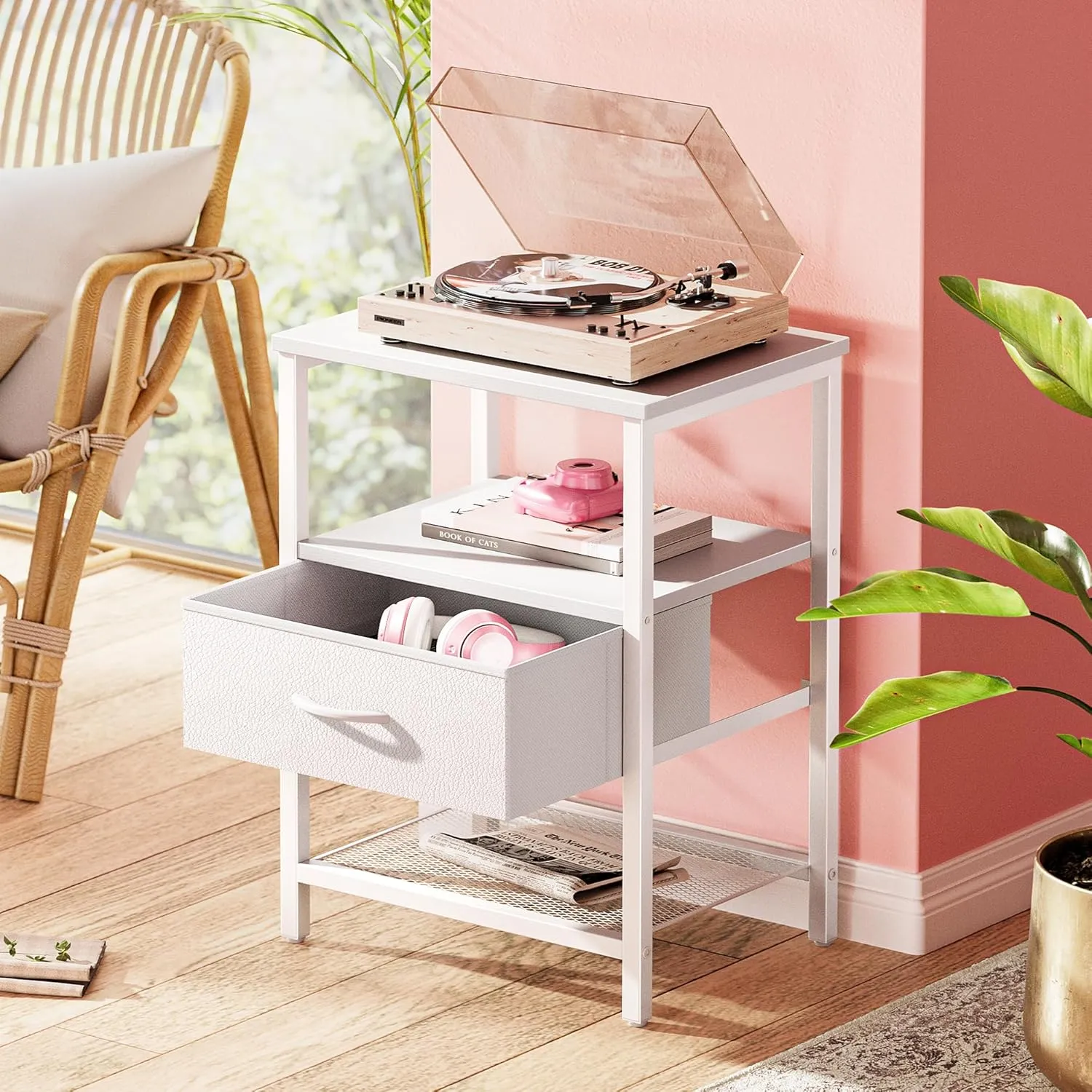 Huuger Night Stand with Fabric Drawer, Side Table with Mesh Shelf, Bedroom Nightstand, Fabric Drawer Dresser, Open Shelf, Metal Frame, Couch Side, White