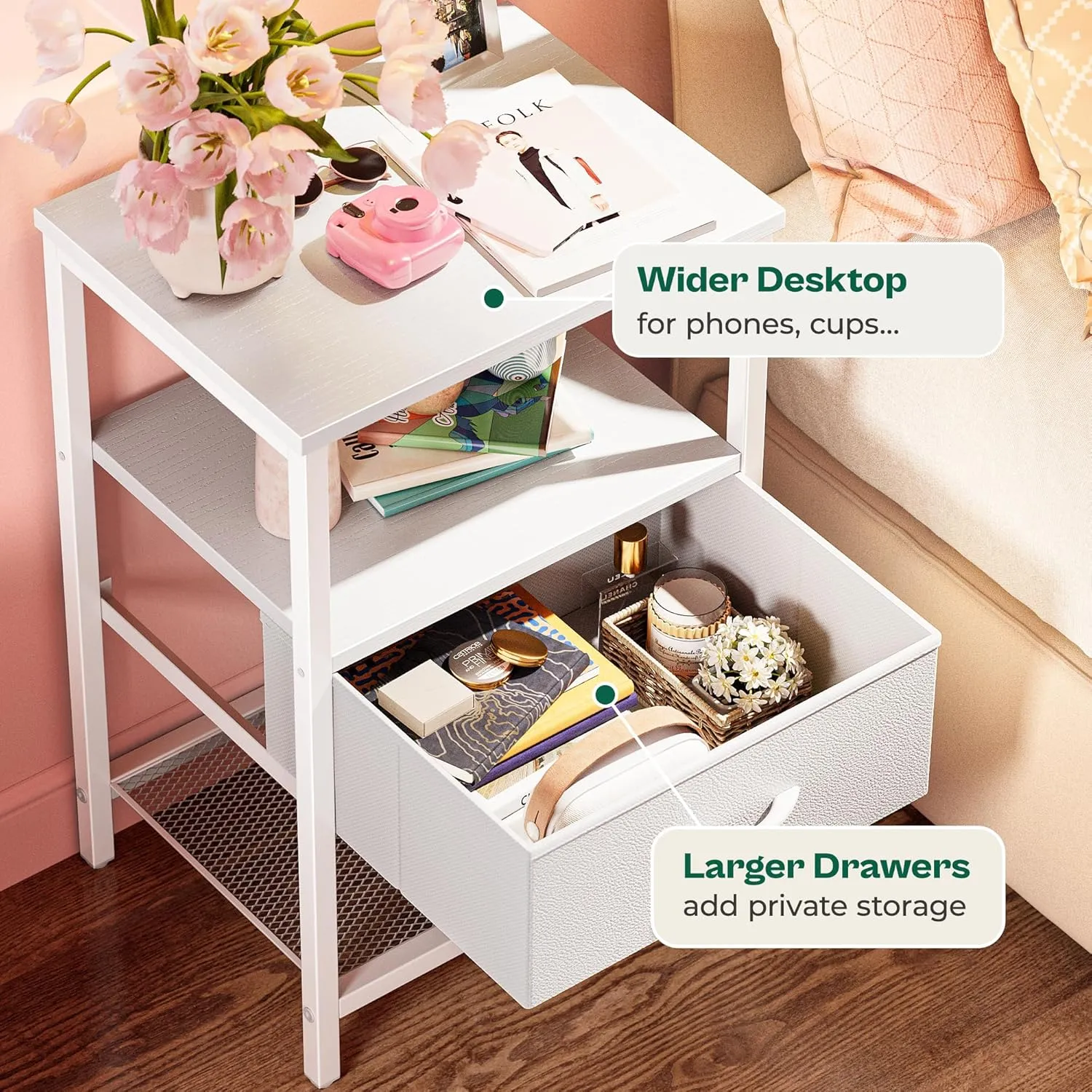 Huuger Night Stand with Fabric Drawer, Side Table with Mesh Shelf, Bedroom Nightstand, Fabric Drawer Dresser, Open Shelf, Metal Frame, Couch Side, White