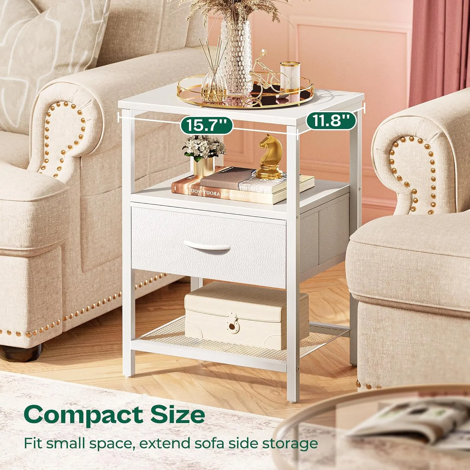 Huuger Night Stand with Fabric Drawer, Side Table with Mesh Shelf, Bedroom Nightstand, Fabric Drawer Dresser, Open Shelf, Metal Frame, Couch Side, White