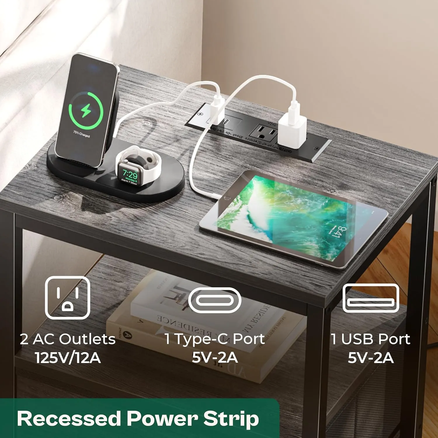 Huuger Nightstand with Charging Station, 27.6 Inch End Table Bedside Table with USB Ports and Outlets, Night Stand for Bedroom, Fabric Drawers, Grey