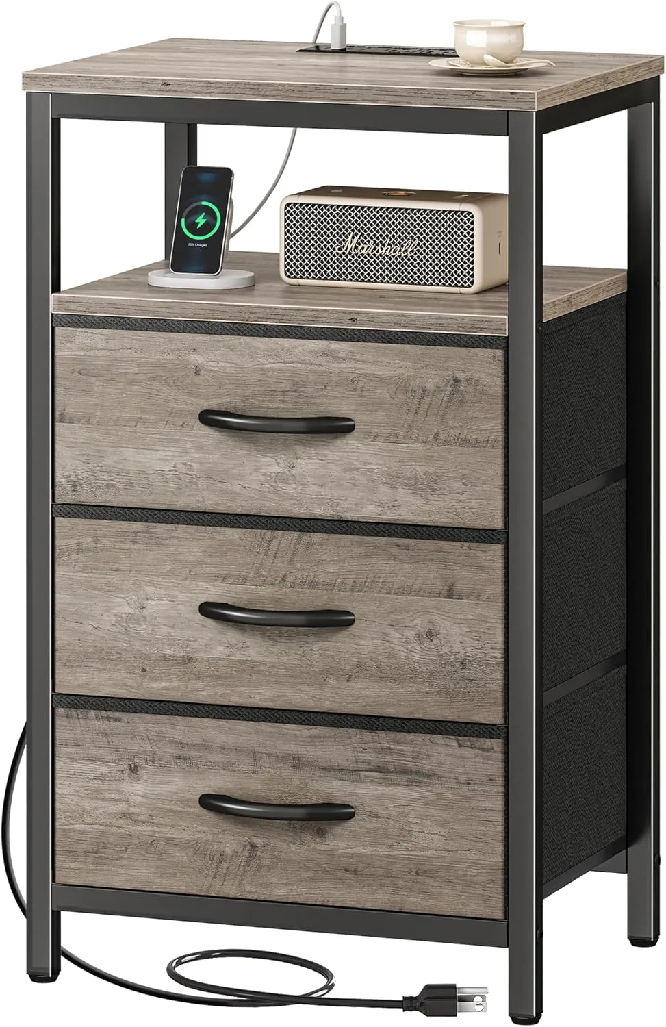 Huuger Nightstand with Charging Station, 27.6 Inch End Table Bedside Table with USB Ports and Outlets, Night Stand for Bedroom, Fabric Drawers, Oak