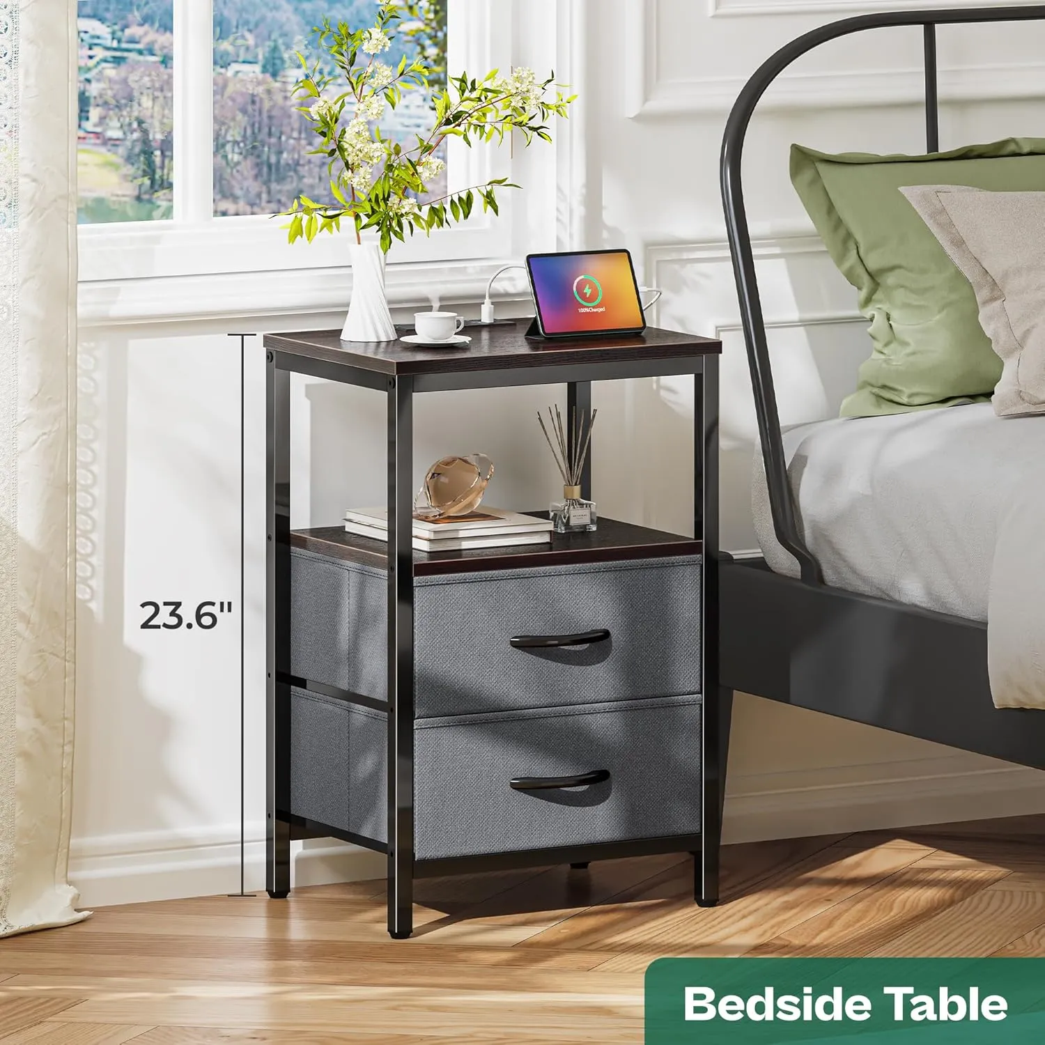 Huuger Nightstand with Charging Station, Fabric Drawers, End Table with Open Shelf, Bedside Table with USB Ports and Outlets, Night Stand for Bedroom, Walnut