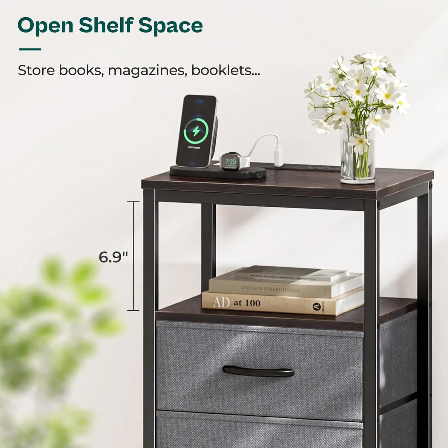 Huuger Nightstand with Charging Station, Fabric Drawers, End Table with Open Shelf, Bedside Table with USB Ports and Outlets, Night Stand for Bedroom, Walnut