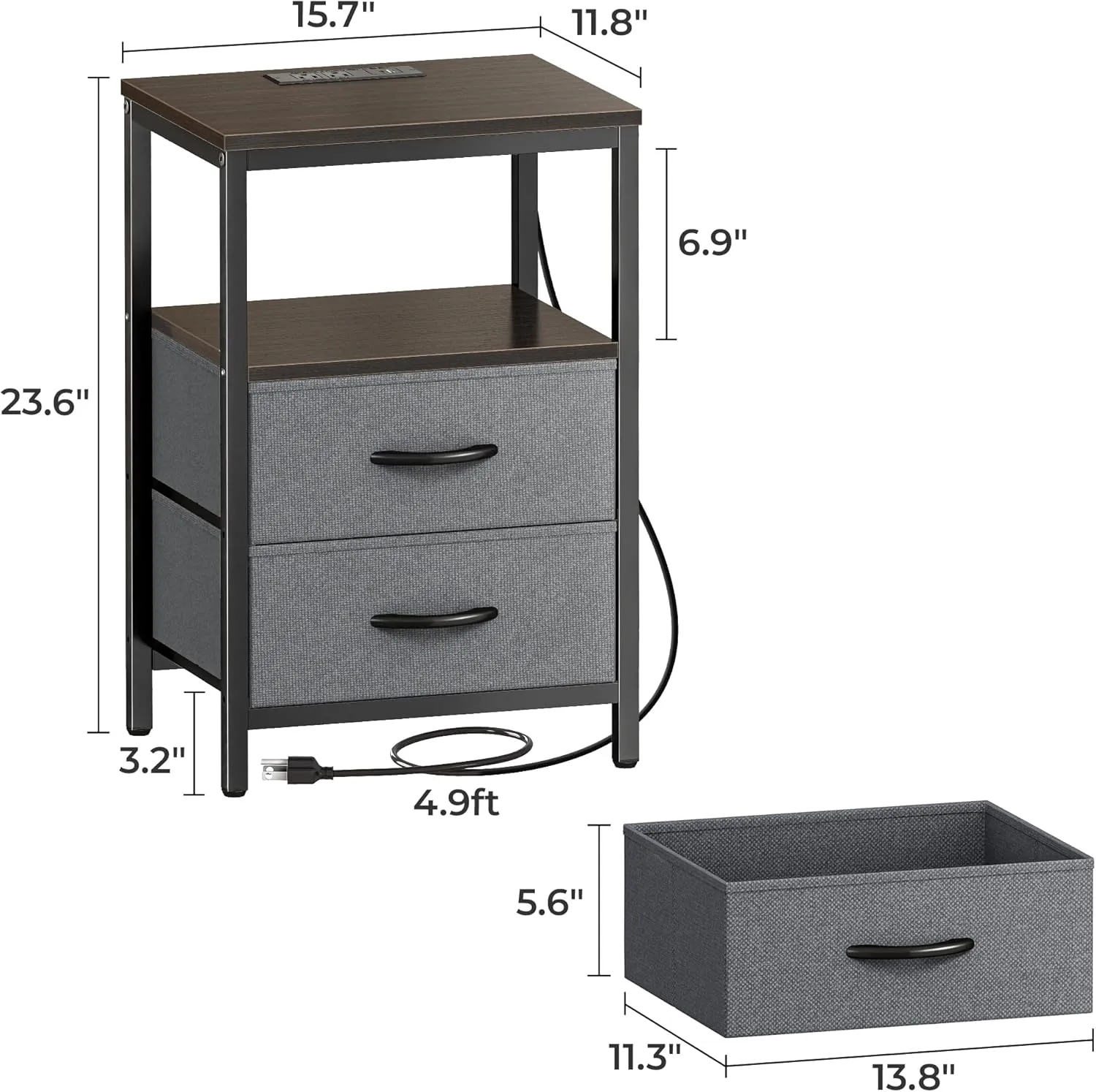 Huuger Nightstand with Charging Station, Fabric Drawers, End Table with Open Shelf, Bedside Table with USB Ports and Outlets, Night Stand for Bedroom, Walnut
