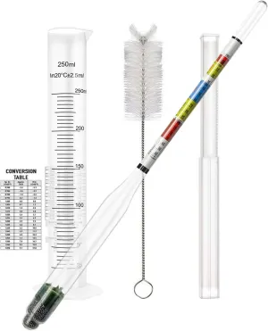 Hydrometer and Test Jar for Wine, Beer and Kombucha - Including 250ml Plastic Cylinder, Cleaning Brush and ABV Storage Bag