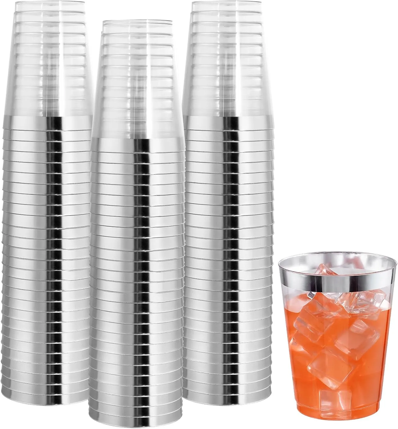 I00000 100PCs Silver Plastic Cups, 10 oz Clear with Silver Trim, Heavy-Duty Disposable Hard Plastic Cups for Party & Wedding