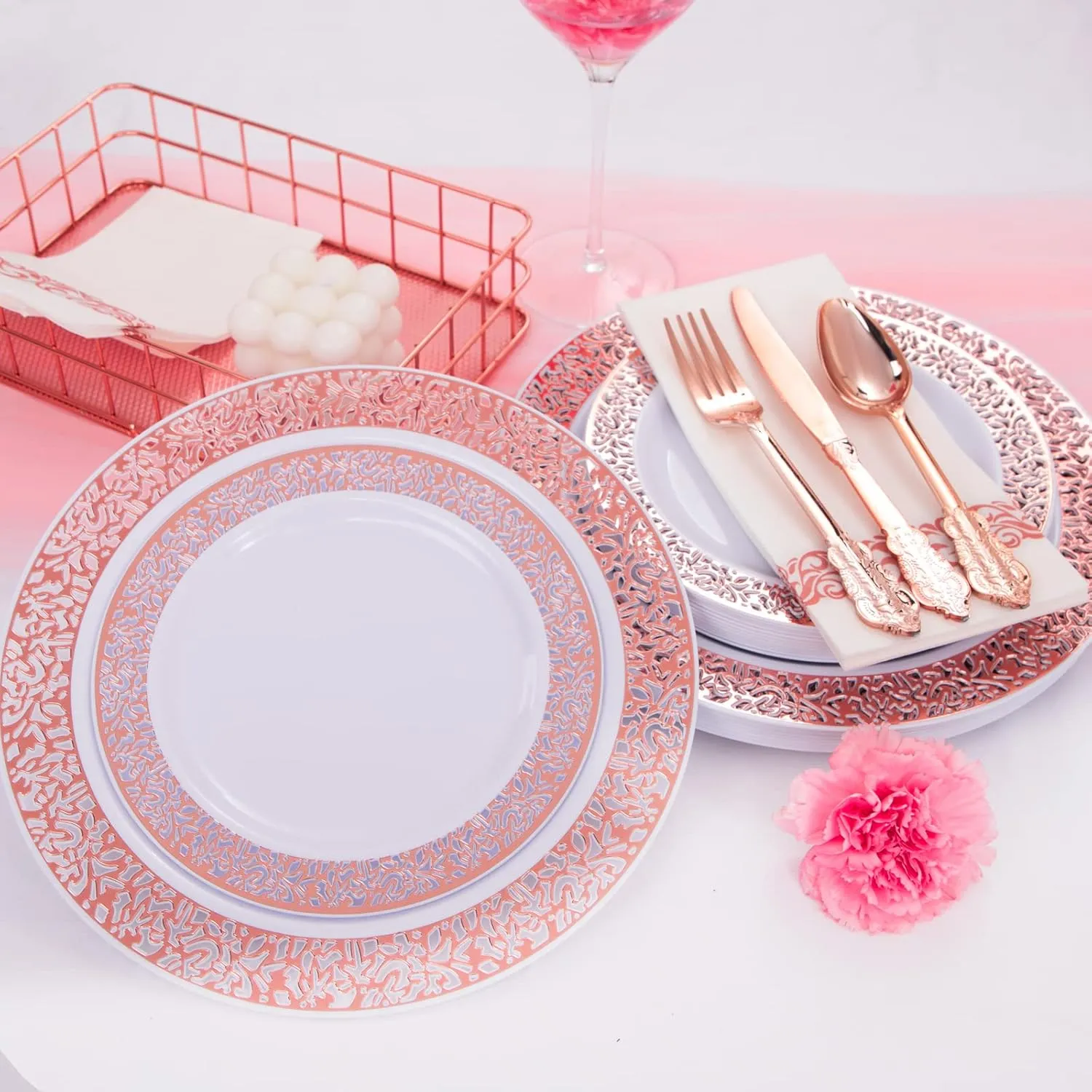 I00000 50 Guests Plastic Dinnerware Set, 100 Rose Gold Plastic Plates, 150 Rose Gold Silverware-50 Forks, Knives and Spoons Each, 50 Disposable Cups, Paper Straw and Napkins Each