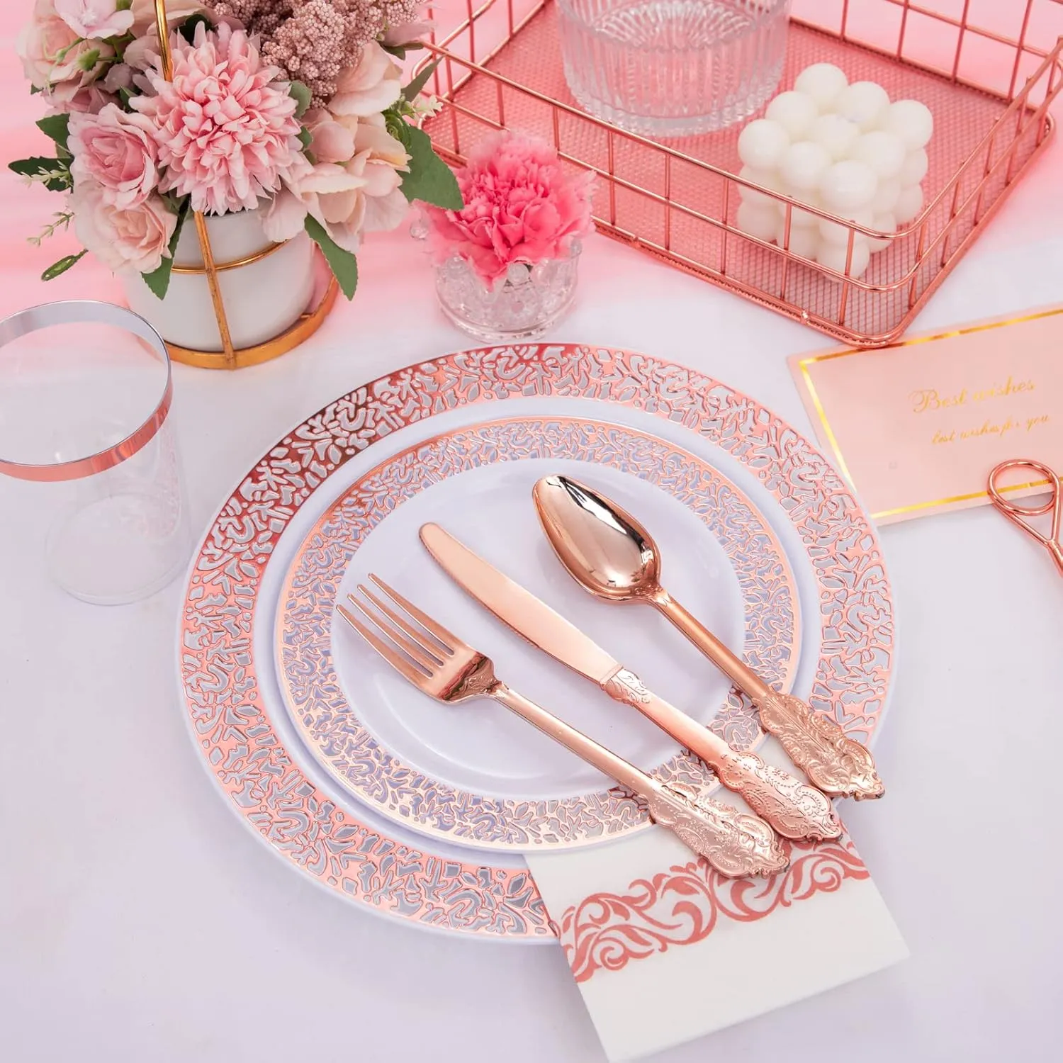 I00000 50 Guests Plastic Dinnerware Set, 100 Rose Gold Plastic Plates, 150 Rose Gold Silverware-50 Forks, Knives and Spoons Each, 50 Disposable Cups, Paper Straw and Napkins Each