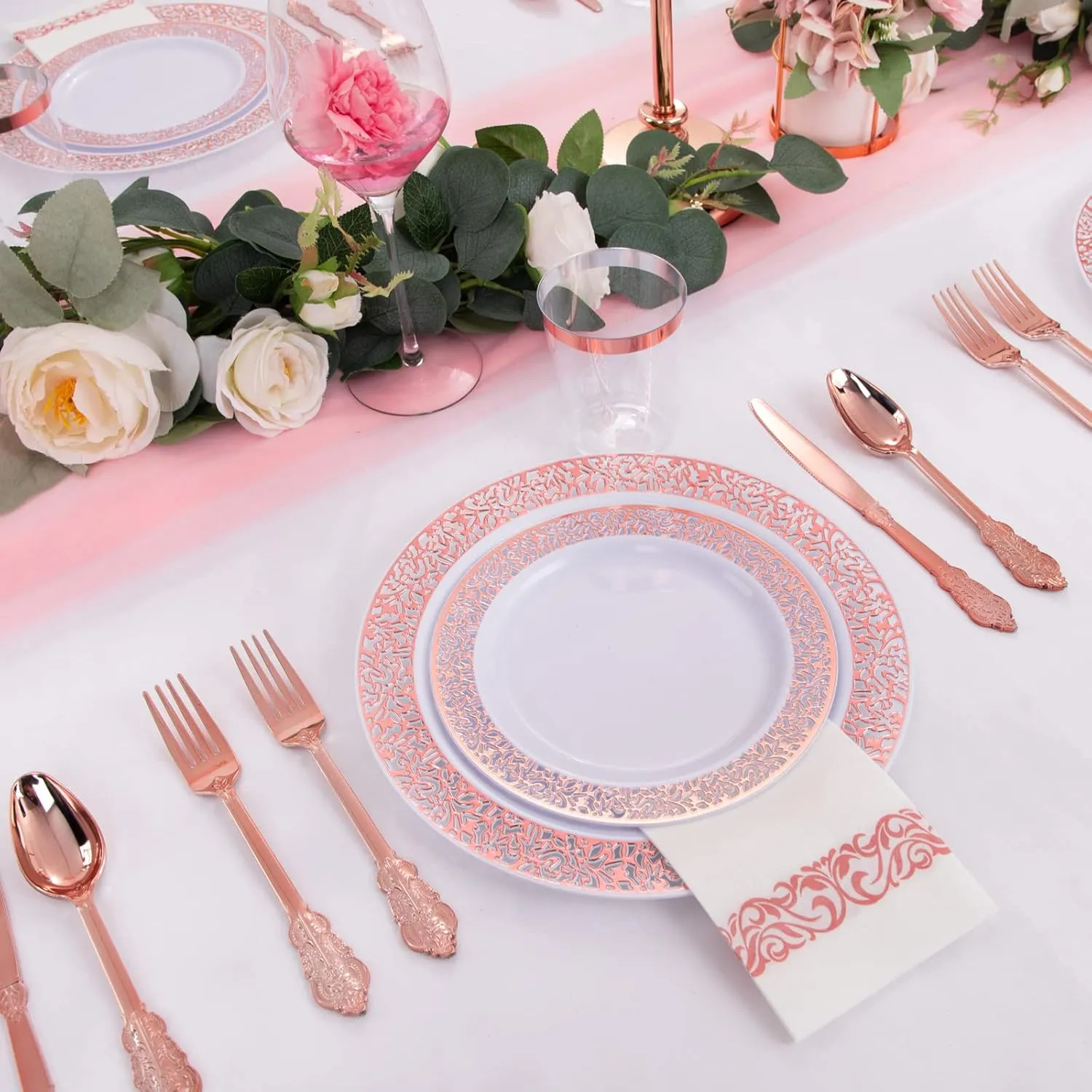 I00000 50 Guests Plastic Dinnerware Set, 100 Rose Gold Plastic Plates, 150 Rose Gold Silverware-50 Forks, Knives and Spoons Each, 50 Disposable Cups, Paper Straw and Napkins Each