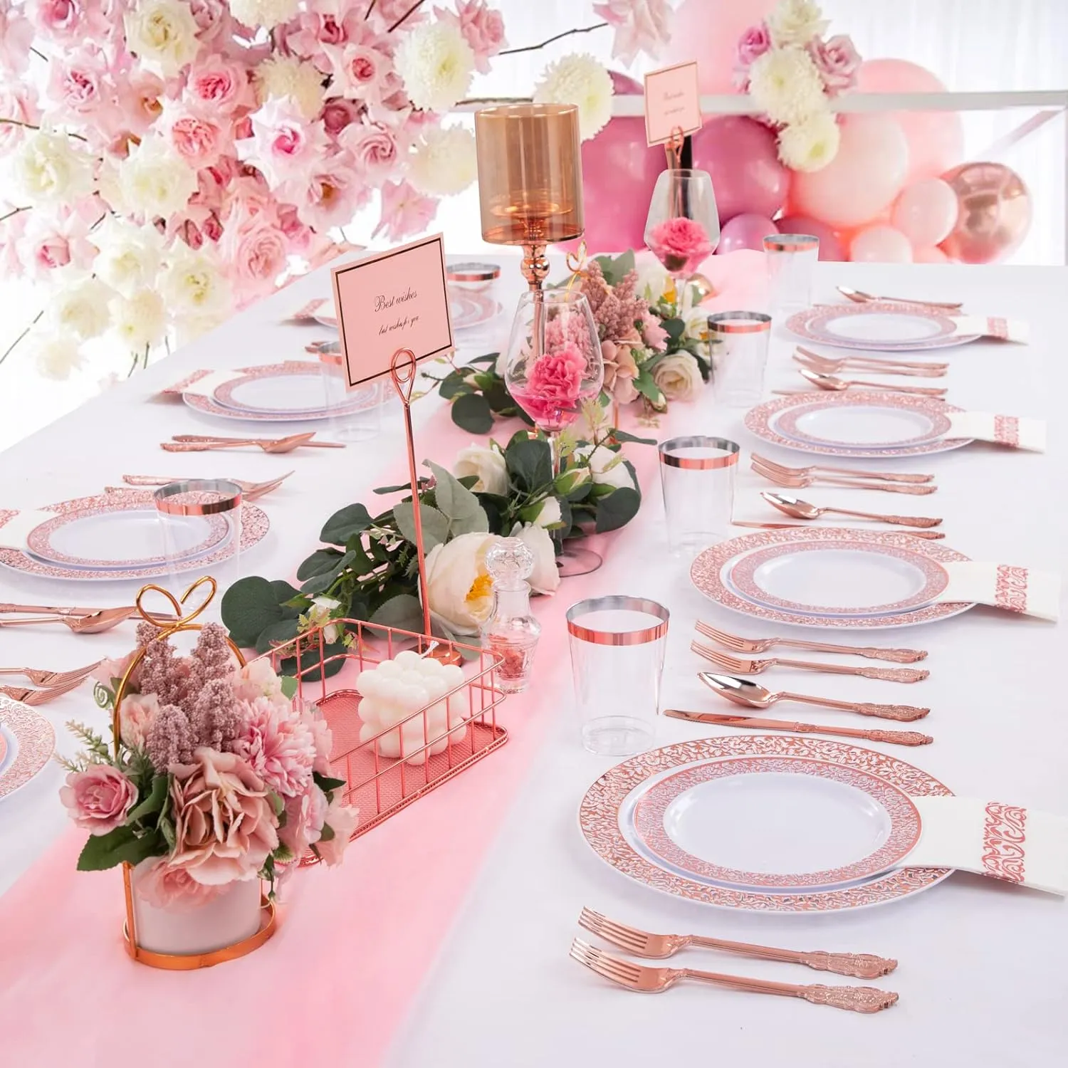 I00000 50 Guests Plastic Dinnerware Set, 100 Rose Gold Plastic Plates, 150 Rose Gold Silverware-50 Forks, Knives and Spoons Each, 50 Disposable Cups, Paper Straw and Napkins Each