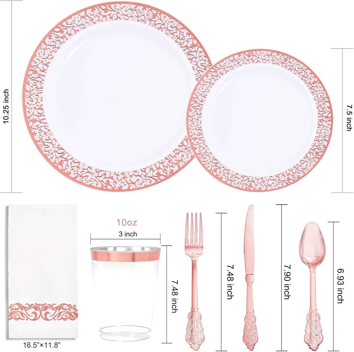 I00000 50 Guests Plastic Dinnerware Set, 100 Rose Gold Plastic Plates, 150 Rose Gold Silverware-50 Forks, Knives and Spoons Each, 50 Disposable Cups, Paper Straw and Napkins Each