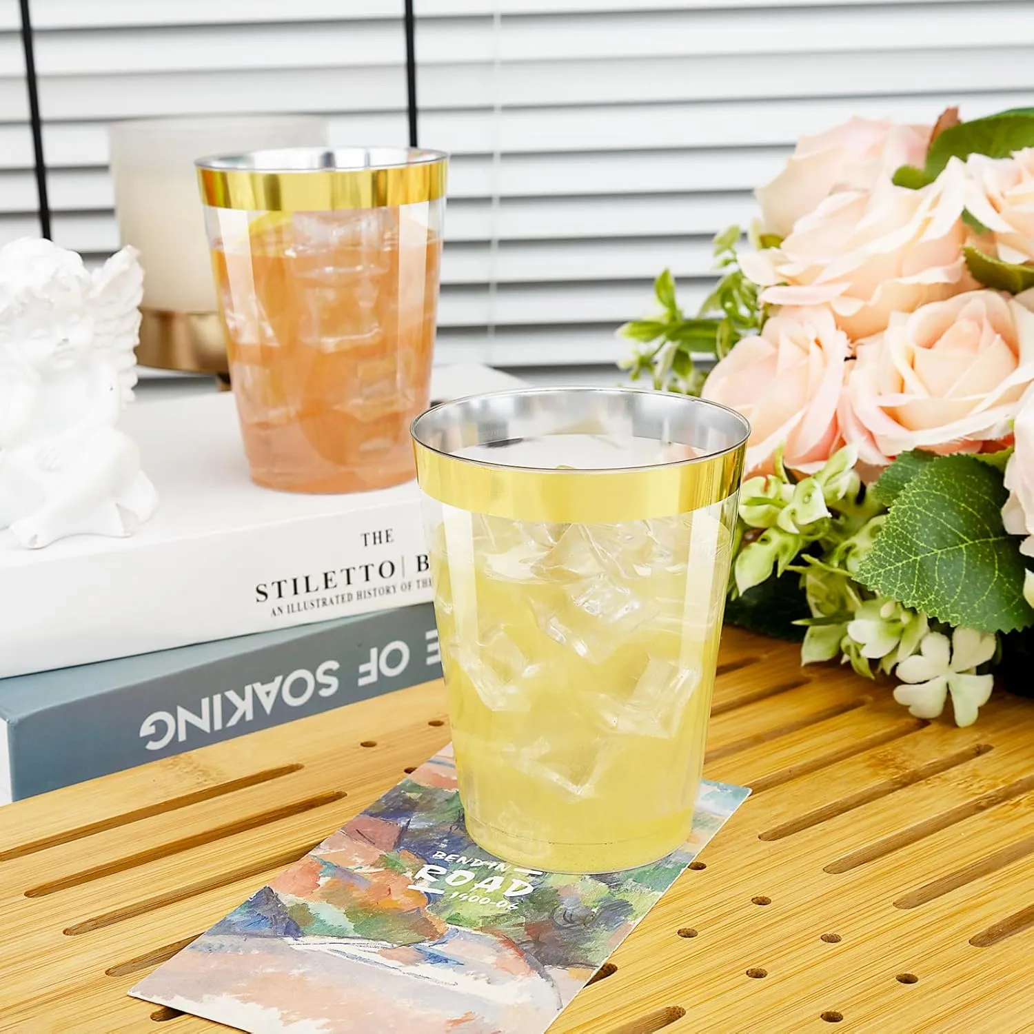 I00000 60PCS Gold Plastic Cups, 10 oz Clear Disposable Cups with Golden Trim, Heavy-Duty Disposable Hard Plastic Wine Glasses Cocktail Glasses Perfect for Wedding & Party