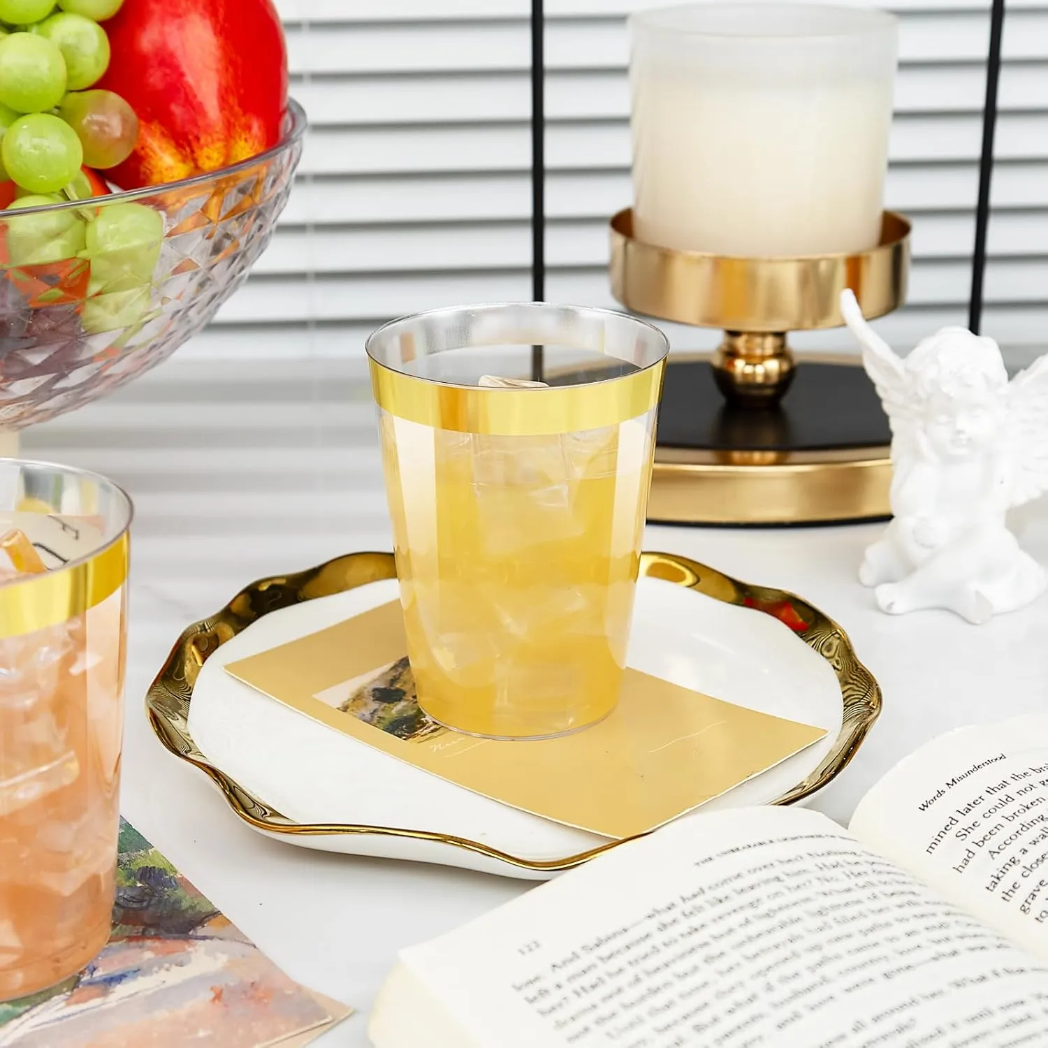 I00000 60PCS Gold Plastic Cups, 10 oz Clear Disposable Cups with Golden Trim, Heavy-Duty Disposable Hard Plastic Wine Glasses Cocktail Glasses Perfect for Wedding & Party