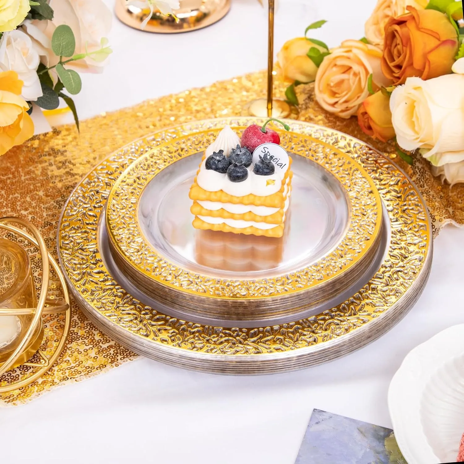 I00000 96pcs Gold Plastic Plates - Clear with Gold Rim, Includes 48 Dinner (10.25 Inch) and 48 Dessert (7.5 Inch) Plates - Perfect for Parties