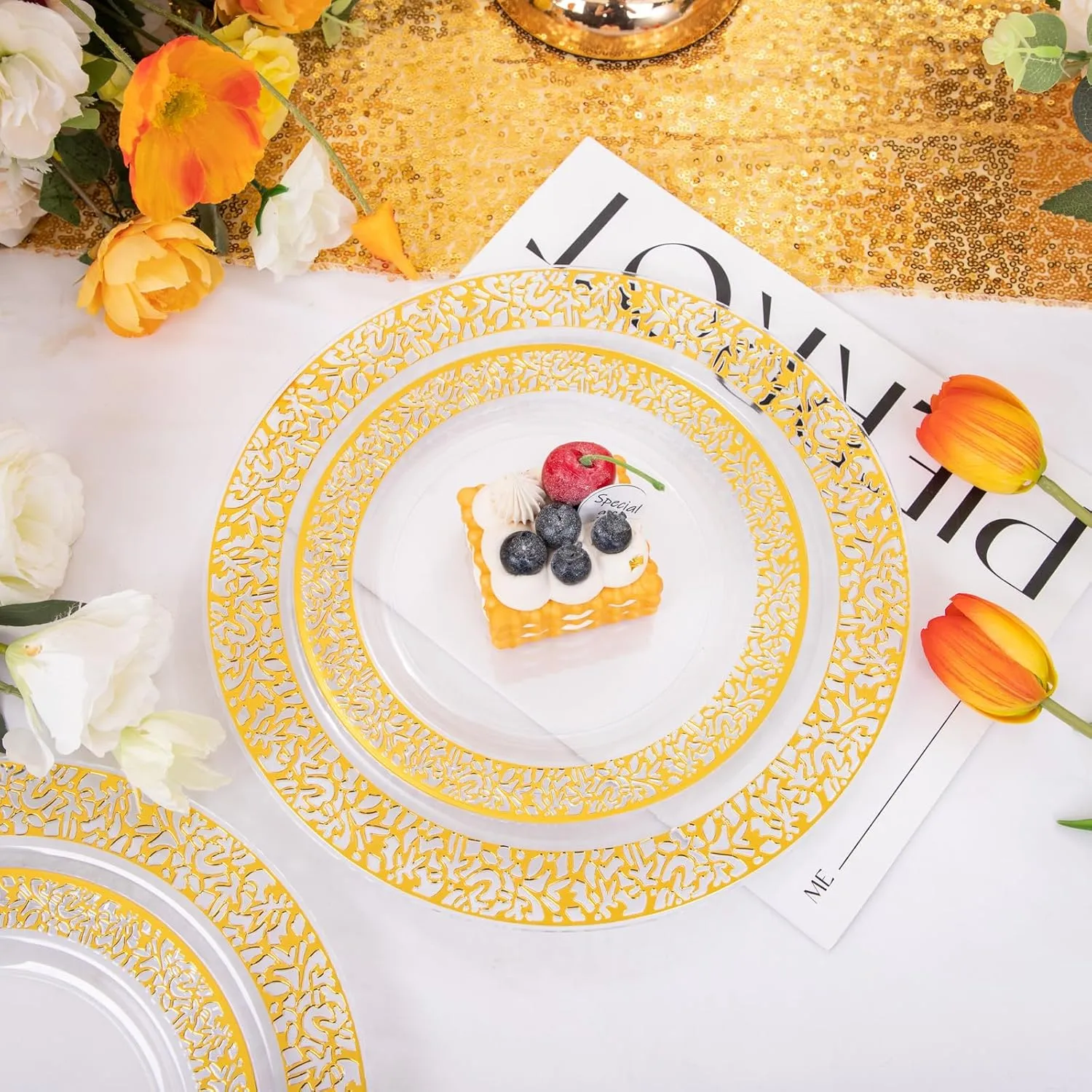 I00000 96pcs Gold Plastic Plates - Clear with Gold Rim, Includes 48 Dinner (10.25 Inch) and 48 Dessert (7.5 Inch) Plates - Perfect for Parties