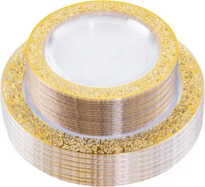I00000 96pcs Gold Plastic Plates - Clear with Gold Rim, Includes 48 Dinner (10.25 Inch) and 48 Dessert (7.5 Inch) Plates - Perfect for Parties