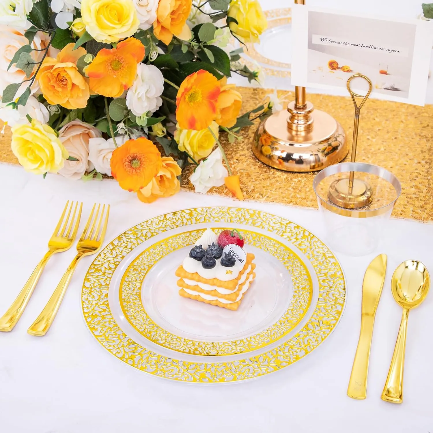 I00000 96pcs Gold Plastic Plates - Clear with Gold Rim, Includes 48 Dinner (10.25 Inch) and 48 Dessert (7.5 Inch) Plates - Perfect for Parties
