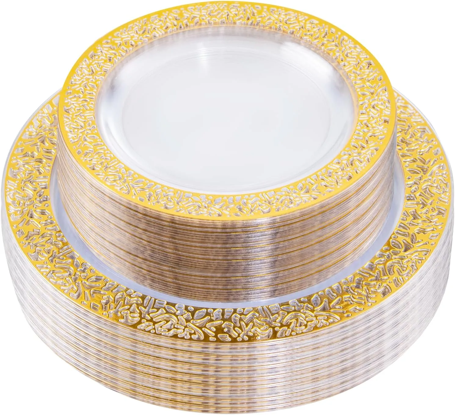 I00000 96pcs Gold Plastic Plates - Clear with Gold Rim, Includes 48 Dinner (10.25 Inch) and 48 Dessert (7.5 Inch) Plates - Perfect for Parties