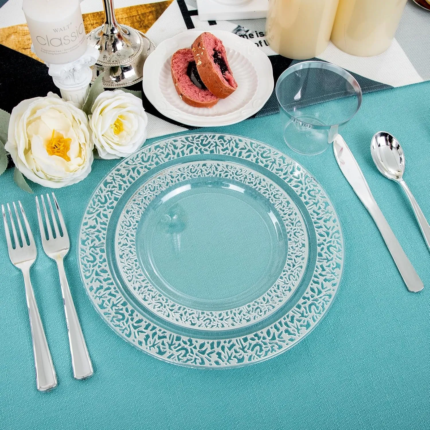 I00000 96pcs Silver Plastic Plates - Clear With Silver Rim, 48 Heavy Duty Dinner Plates (10.25 Inch) and 48 Dessert Plates (7.5 Inch) - Perfect for Party