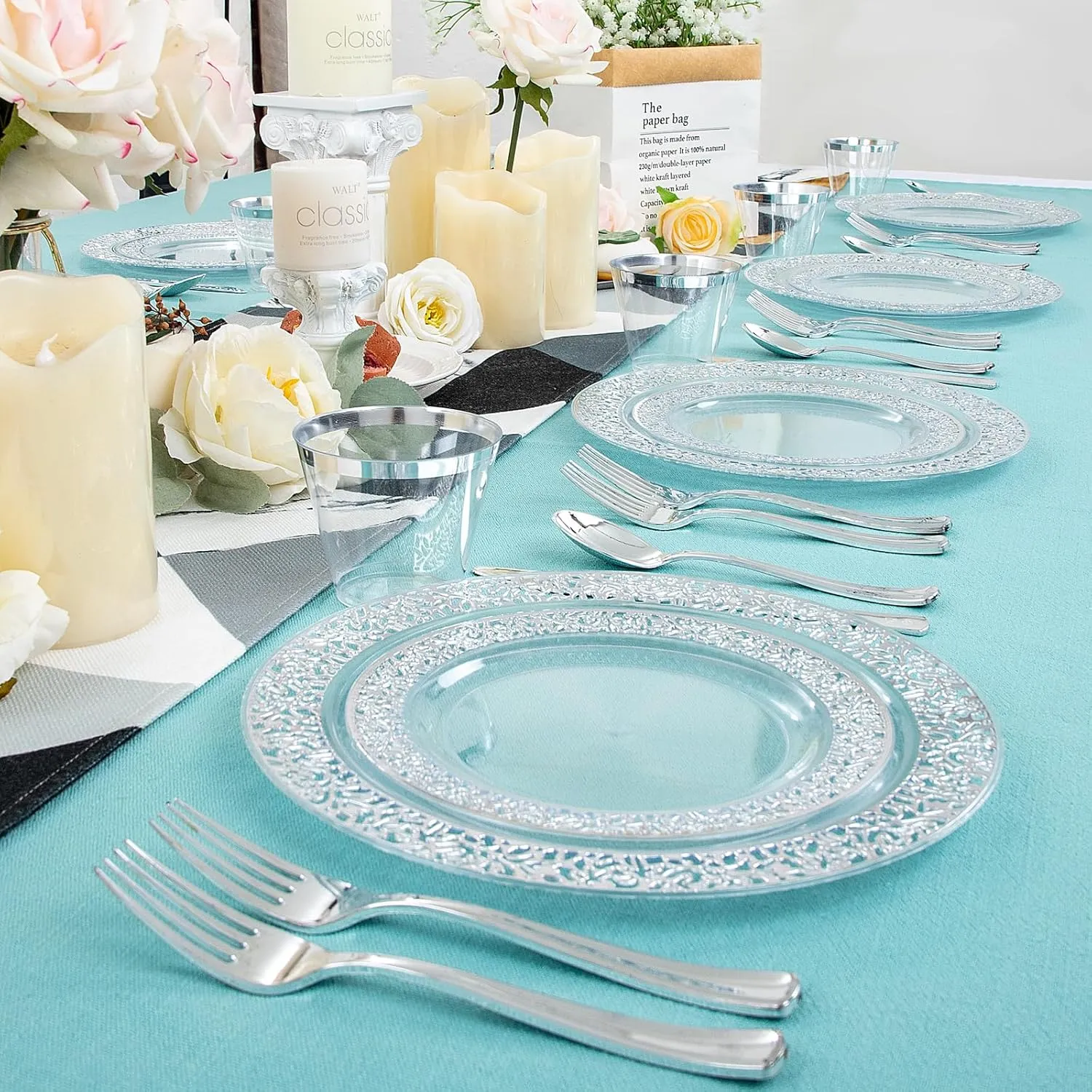 I00000 96pcs Silver Plastic Plates - Clear With Silver Rim, 48 Heavy Duty Dinner Plates (10.25 Inch) and 48 Dessert Plates (7.5 Inch) - Perfect for Party