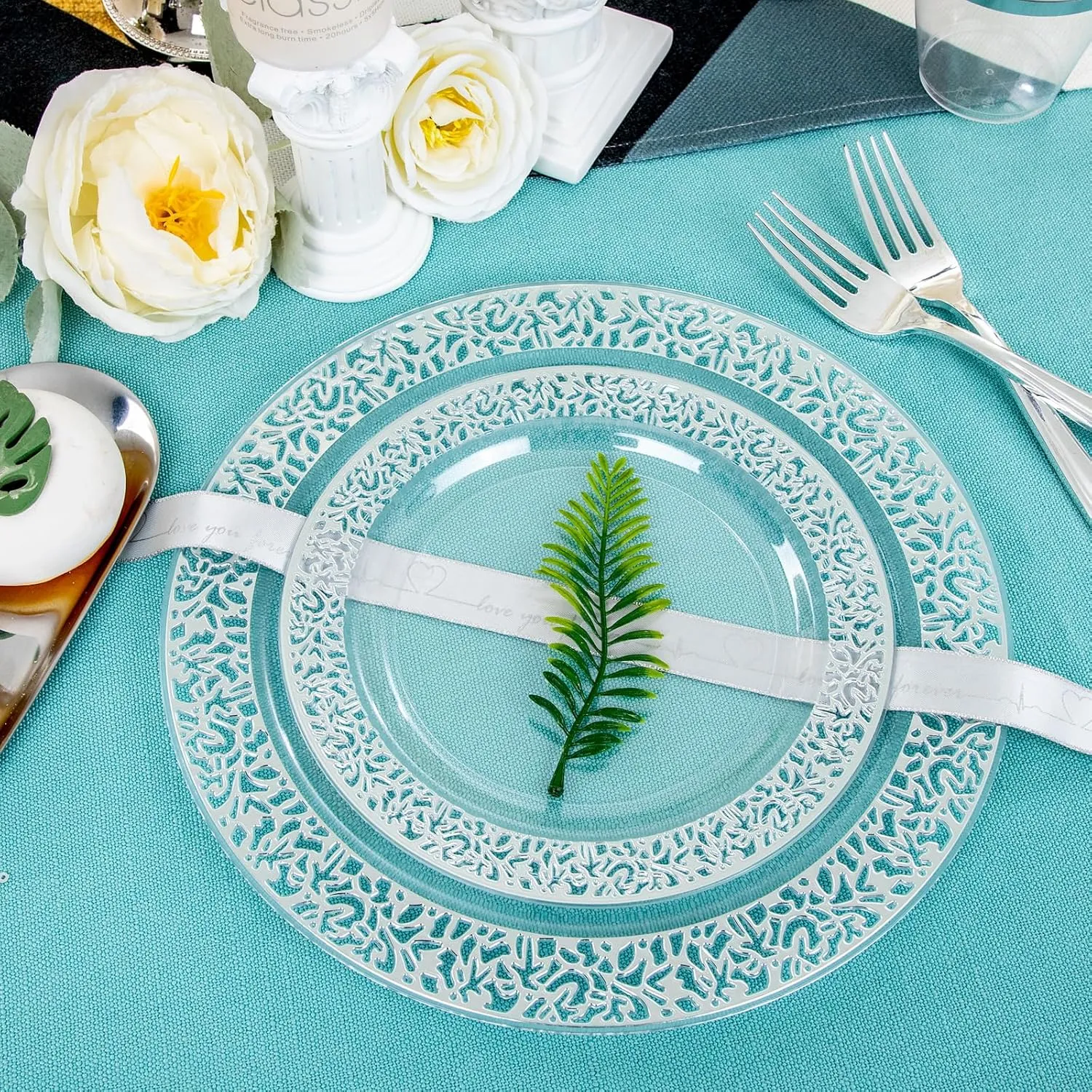 I00000 96pcs Silver Plastic Plates - Clear With Silver Rim, 48 Heavy Duty Dinner Plates (10.25 Inch) and 48 Dessert Plates (7.5 Inch) - Perfect for Party