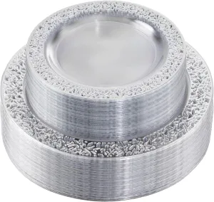 I00000 96pcs Silver Plastic Plates - Clear With Silver Rim, 48 Heavy Duty Dinner Plates (10.25 Inch) and 48 Dessert Plates (7.5 Inch) - Perfect for Party