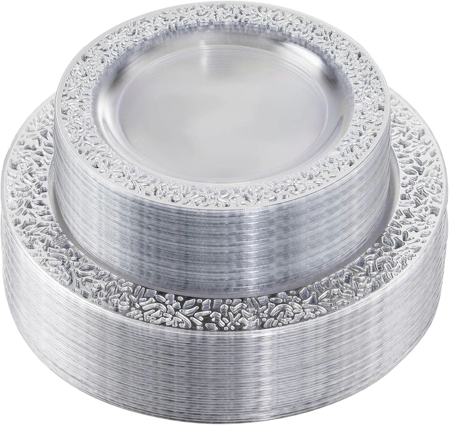 I00000 96pcs Silver Plastic Plates - Clear With Silver Rim, 48 Heavy Duty Dinner Plates (10.25 Inch) and 48 Dessert Plates (7.5 Inch) - Perfect for Party