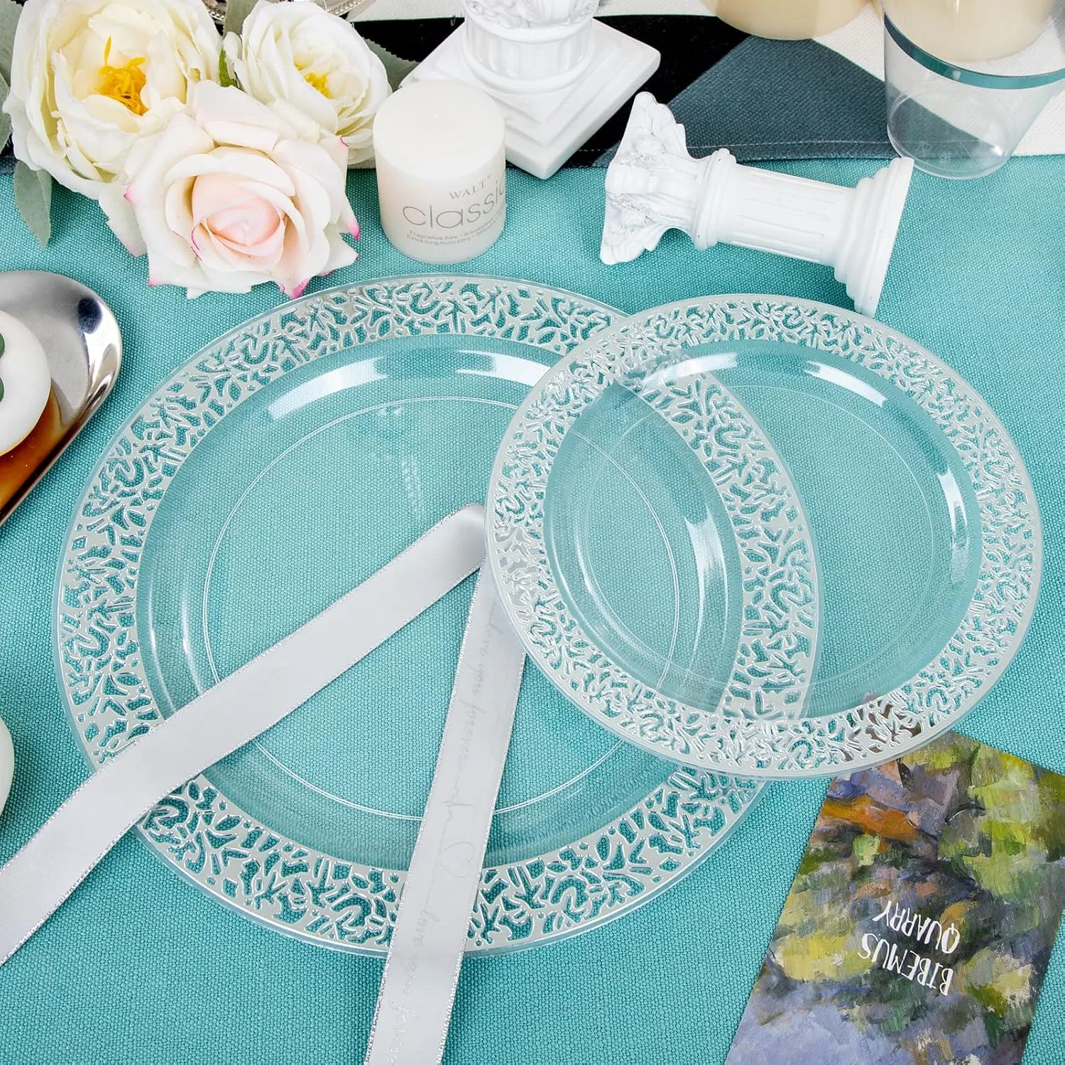 I00000 96pcs Silver Plastic Plates - Clear With Silver Rim, 48 Heavy Duty Dinner Plates (10.25 Inch) and 48 Dessert Plates (7.5 Inch) - Perfect for Party