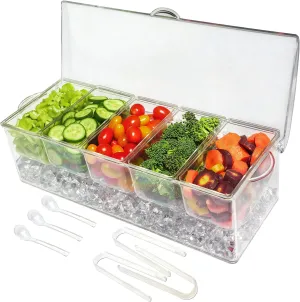 Ice Chilled 5 Compartment Condiment Server Caddy - Serving Tray Container with 5 Removable Dishes with Over 2 Cup Capacity Each and Hinged Lid | 3 Serving Spoons   3 Tongs Included