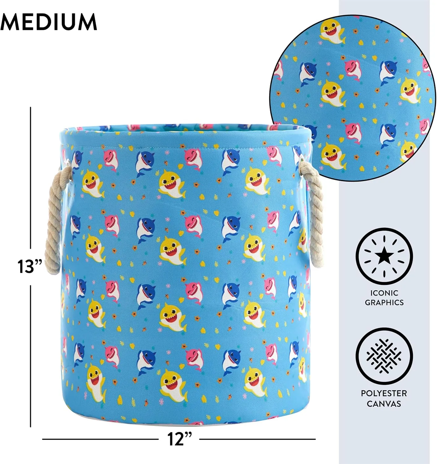 Idea Nuova Baby Shark 3 Piece Multi Size Fabric Nestable Toy Storage Basket Set, with Rope Carry Handles