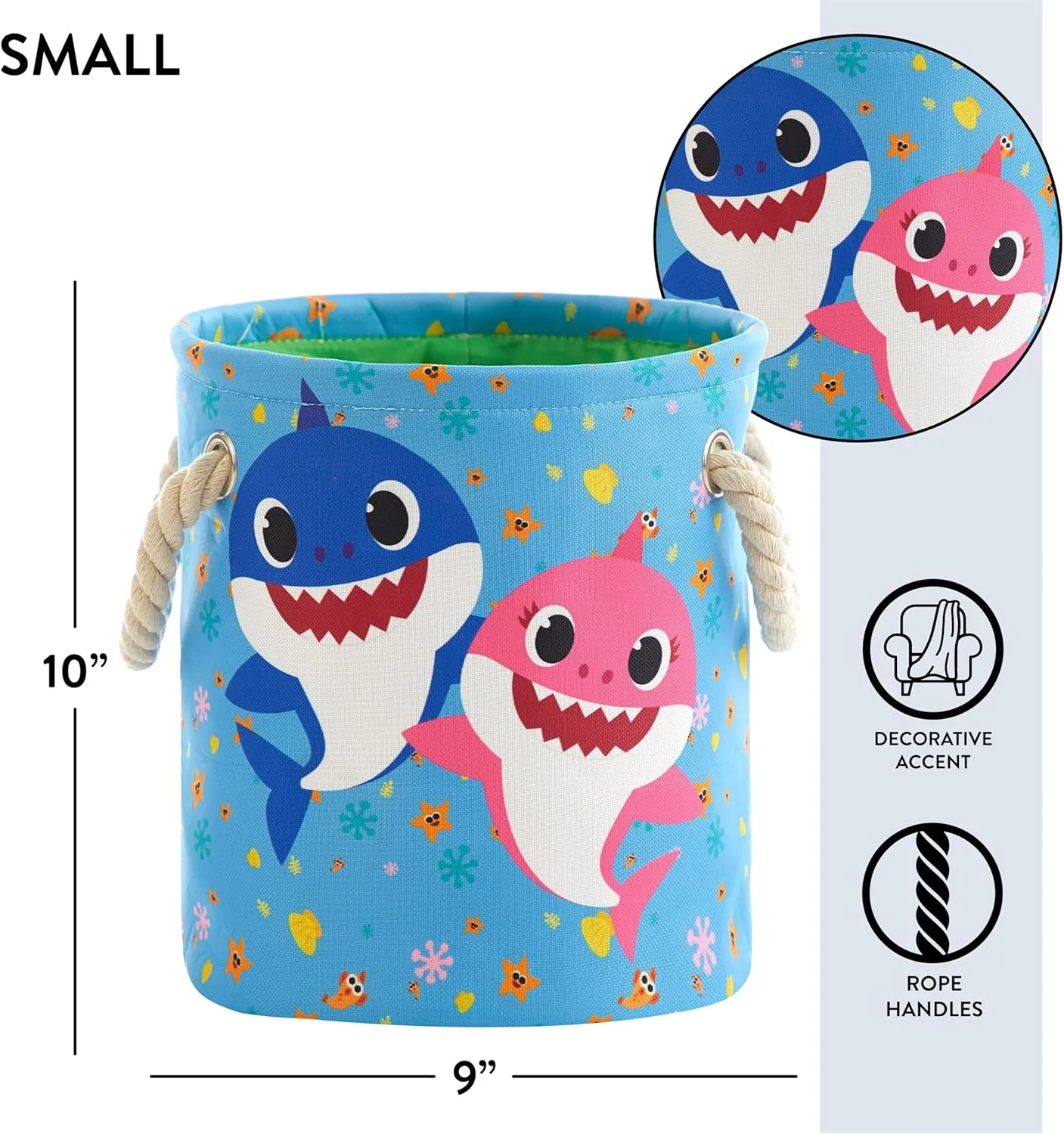 Idea Nuova Baby Shark 3 Piece Multi Size Fabric Nestable Toy Storage Basket Set, with Rope Carry Handles