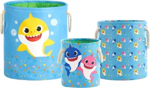 Idea Nuova Baby Shark 3 Piece Multi Size Fabric Nestable Toy Storage Basket Set, with Rope Carry Handles