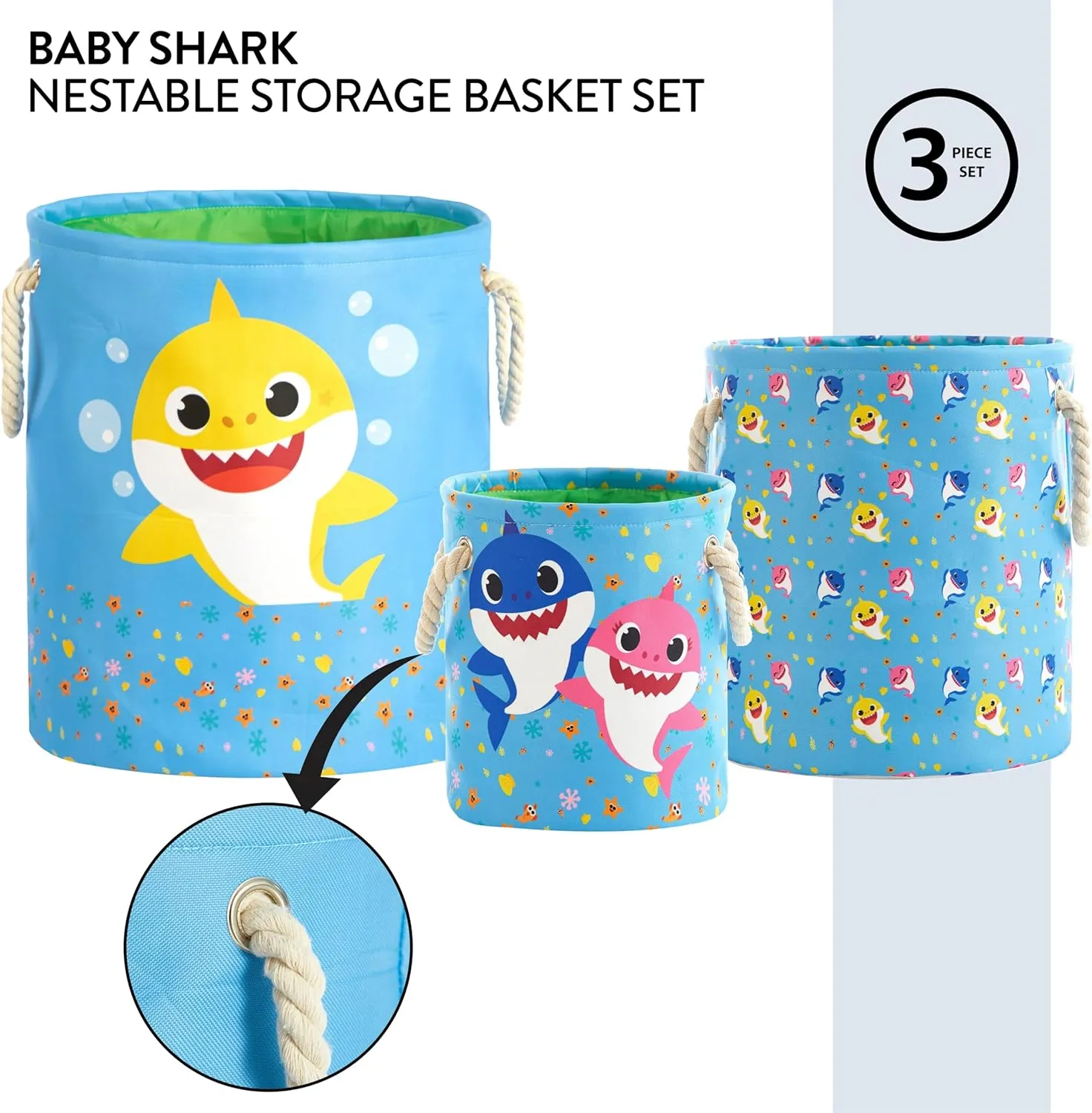 Idea Nuova Baby Shark 3 Piece Multi Size Fabric Nestable Toy Storage Basket Set, with Rope Carry Handles