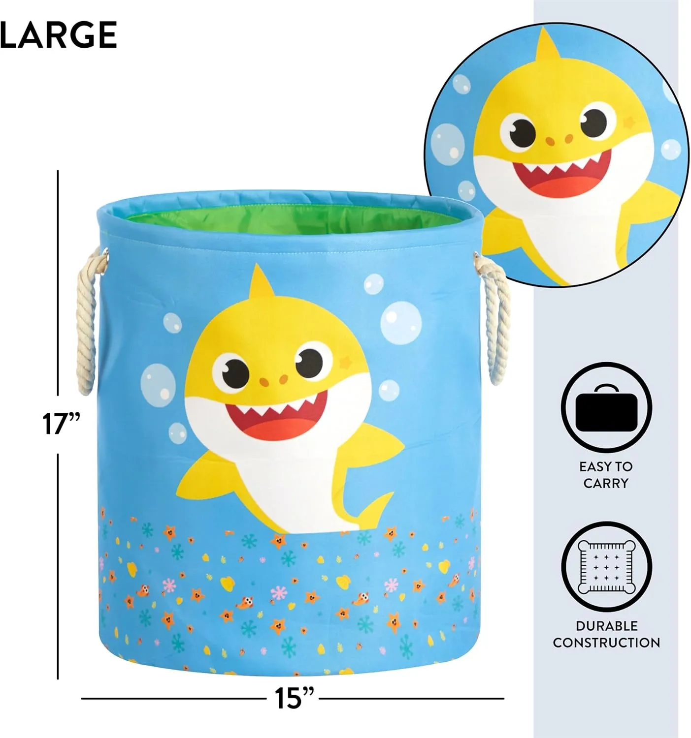 Idea Nuova Baby Shark 3 Piece Multi Size Fabric Nestable Toy Storage Basket Set, with Rope Carry Handles