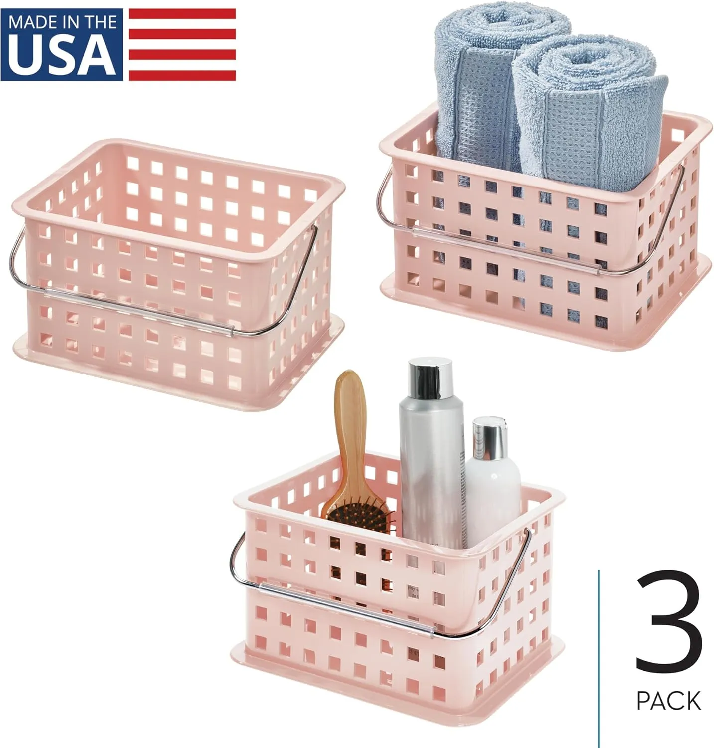 iDesign Plastic Handle-Portable Shower Caddy-Set of 3-Blush Basket