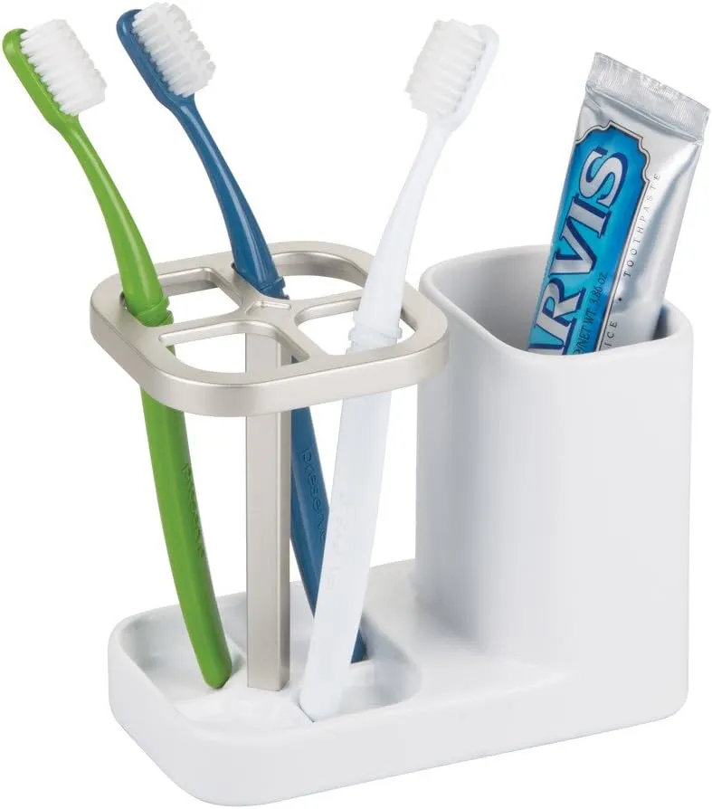 iDesign Sedona Ceramic Toothbrush and Toothpaste Holder for Bathroom Vanity Countertop or Medicine Cabinet -5.75" x 3.10" x 4.49", Satin White/Nickel