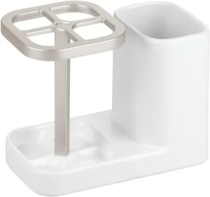iDesign Sedona Ceramic Toothbrush and Toothpaste Holder for Bathroom Vanity Countertop or Medicine Cabinet -5.75" x 3.10" x 4.49", Satin White/Nickel