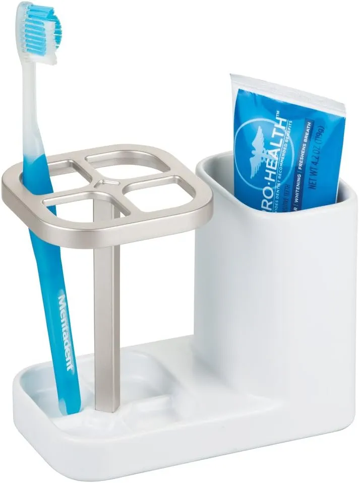 iDesign Sedona Ceramic Toothbrush and Toothpaste Holder for Bathroom Vanity Countertop or Medicine Cabinet -5.75" x 3.10" x 4.49", Satin White/Nickel