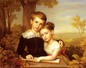 iiRTTFiRT Famous Artwork Picture Poster Modern Portrait of Two Children with an Extensive Landscape Beyond by Carl Jacob Leybold Pop Art for Home Decor 60x90cm