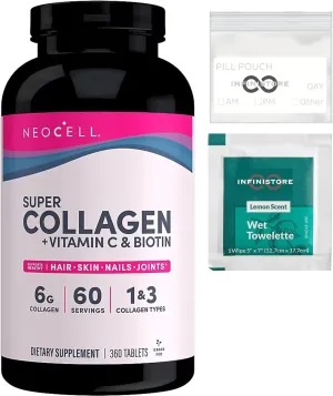 InfiniStore™ Medicine Pouch, Moist Towelette & Plastic Gloves Made for -NeoCel- Super Collagen   Vitamin C and Biotin Tablets, 360ct - Supports Hair, Skin, Nails, & Joints - Grass Fed