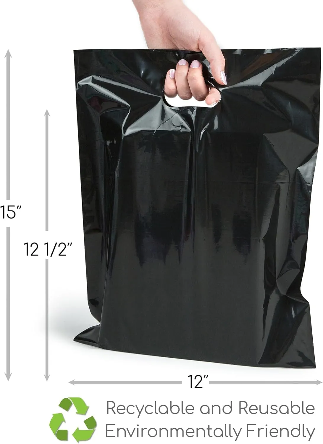 Infinite Pack Plastic Bag with Die Cut Handle Bag 12" x 15" Black Plastic Merchandise Bags 100 Pack for Retail, Gifts, Trade Show and More