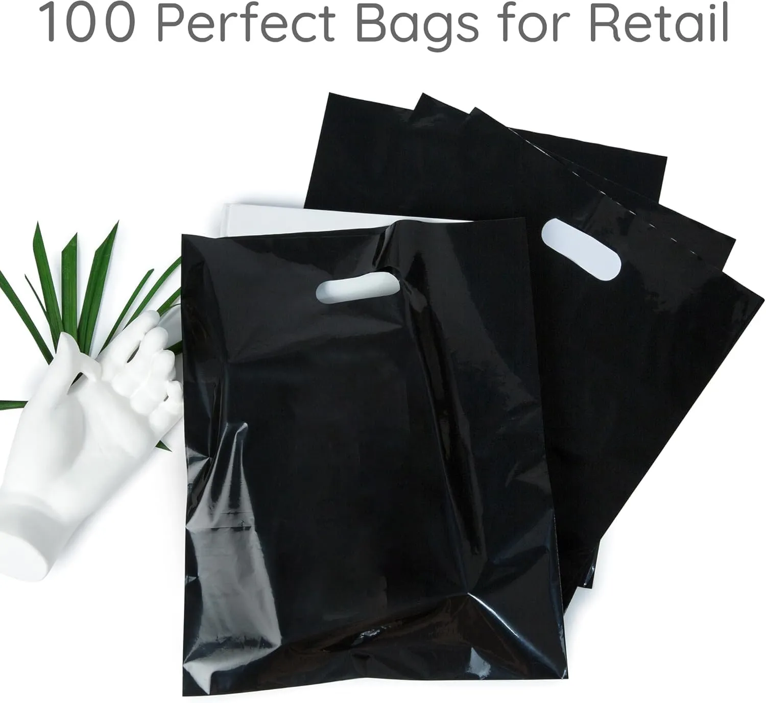 Infinite Pack Plastic Bag with Die Cut Handle Bag 12" x 15" Black Plastic Merchandise Bags 100 Pack for Retail, Gifts, Trade Show and More