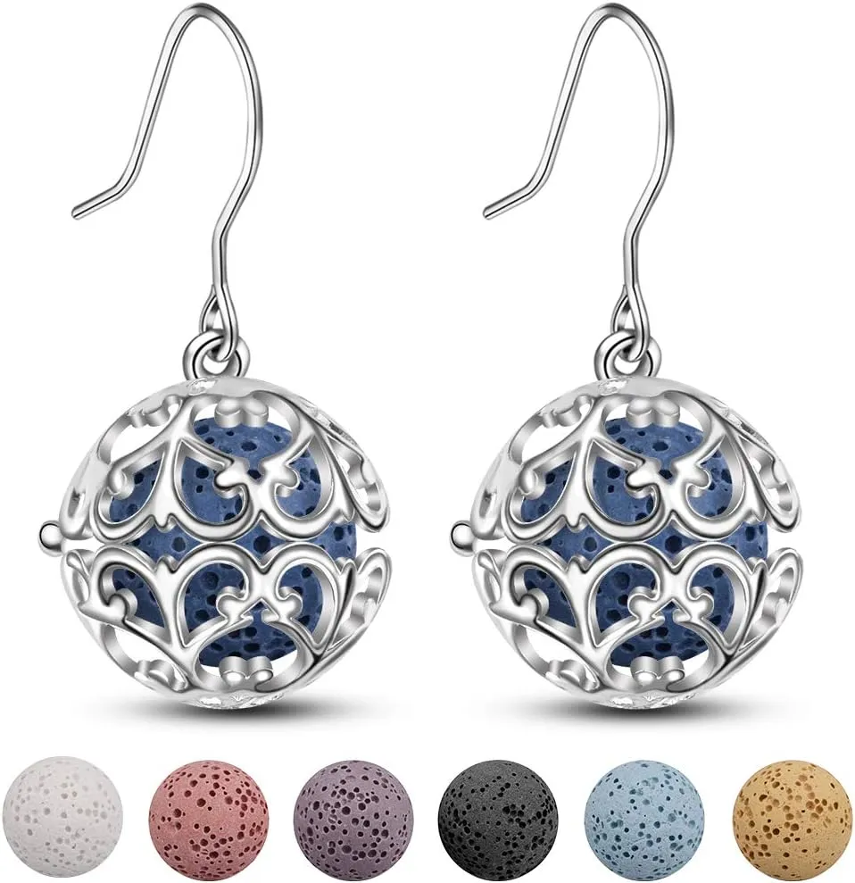 INFUSEU Lava Rock Diffuser Earrings Dangle for Women Essential Oils, Filigree Aromatherapy Jewelry with 14 Lava Stones