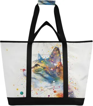 Insulated Cooler Bag Outline Of Cat Full Of Spatial Star Foldable Reusable Food Grocery Bag
