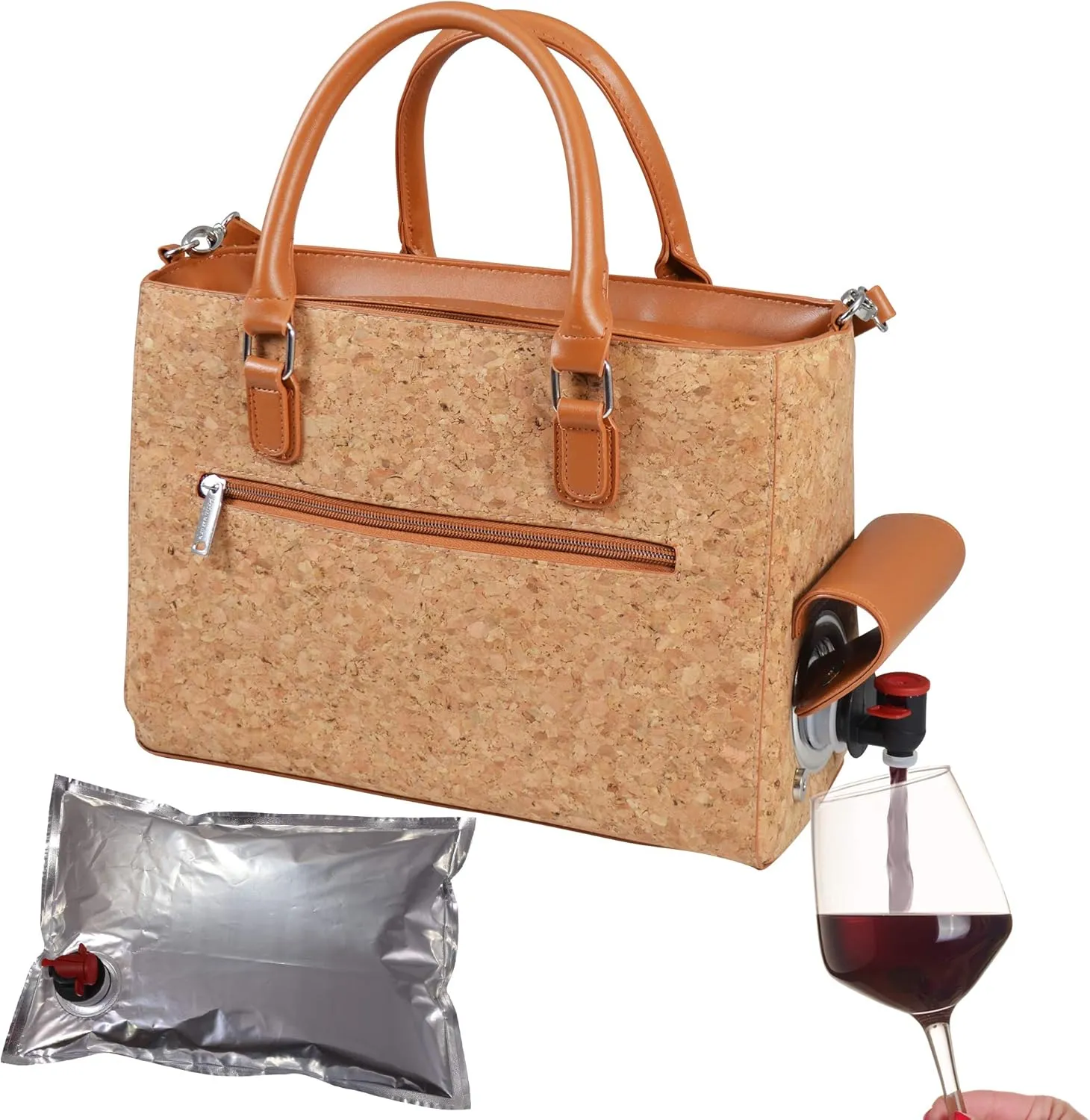 Insulated Drink Purse w/ 3L Bladder Bag | Thermal Hot and Cold Storage | Portable Drinking Dispenser for Wine, Cocktails, Beer, Alcohol | PU Leather Finish (Cork)