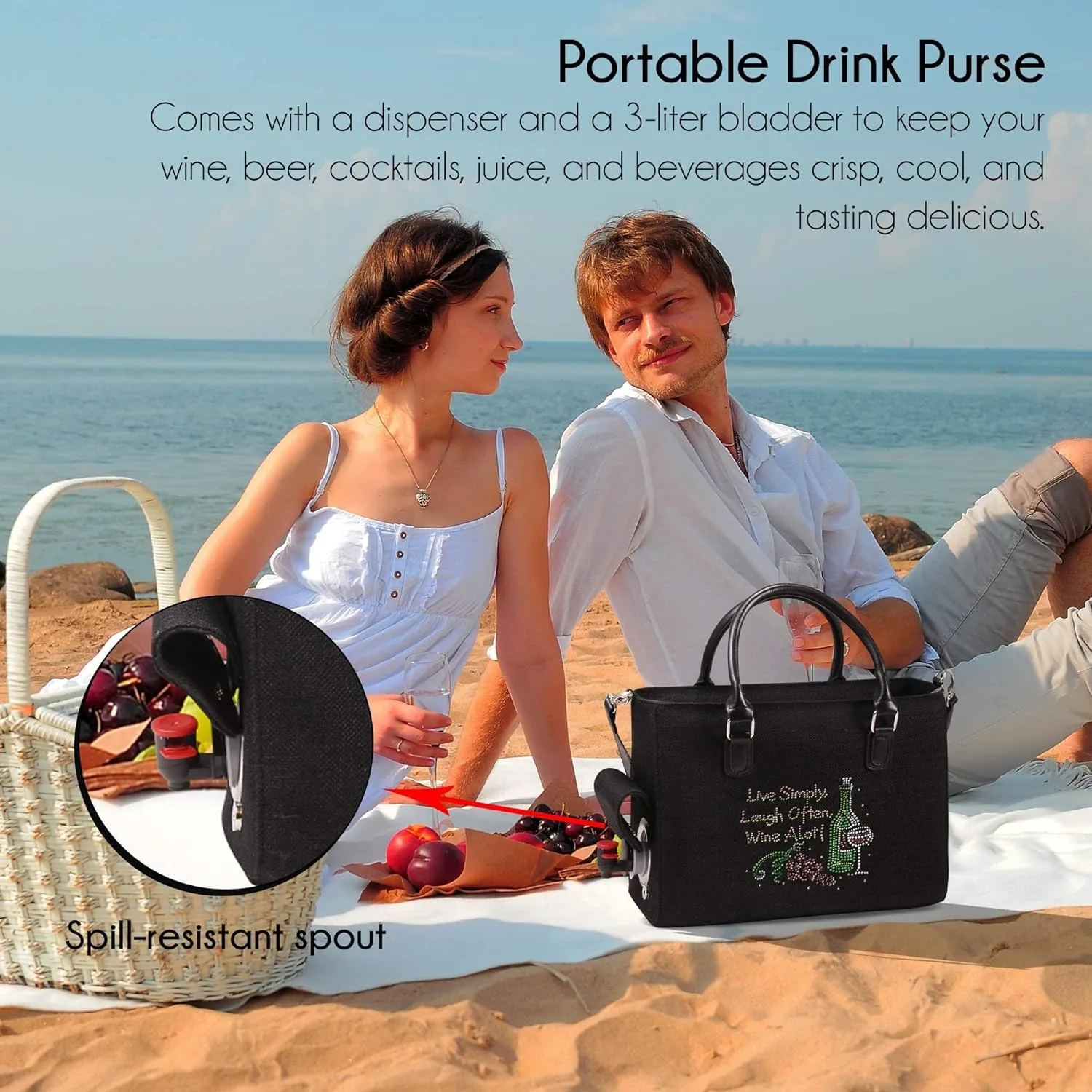 Insulated Drink Purse w/ 3L Bladder Bag | Thermal Hot and Cold Storage | Portable Drinking Dispenser for Wine, Cocktails, Beer, Alcohol | PU Leather Finish (Live Laugh)